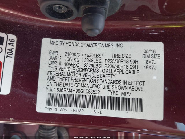 Honda k24w9 2016 5J6RM4H96GL083832 Image 9