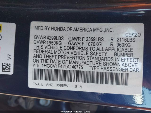 2020 HONDA ACCORD 1HGCV1F42LA140775 Photo 8