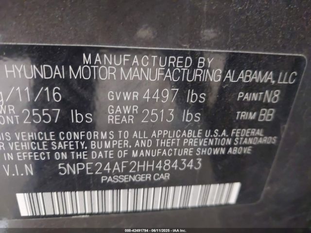 5NPE24AF2HH484343 Hyundai Sonata