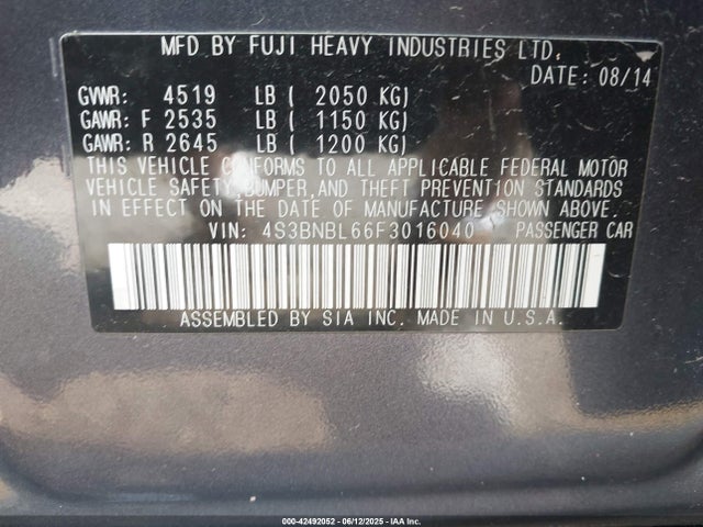 Subaru 2.5l u6 2015 4S3BNBL66F3016040 Image 9