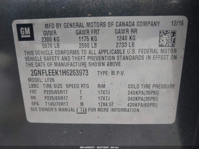 Chevrolet lea - sidi: spark ignited direct injection, e85 max, alum 2017 2GNFLEEK1H6263973 Image 9