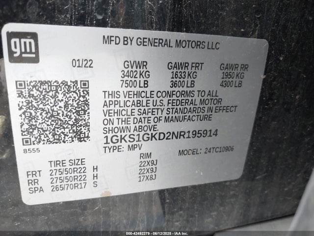 42492279 :رقم المزاد ، 1GKS1GKD2NR195914 vin ، 2022 Gmc Yukon Xl 2wd Slt مزاد بيع
