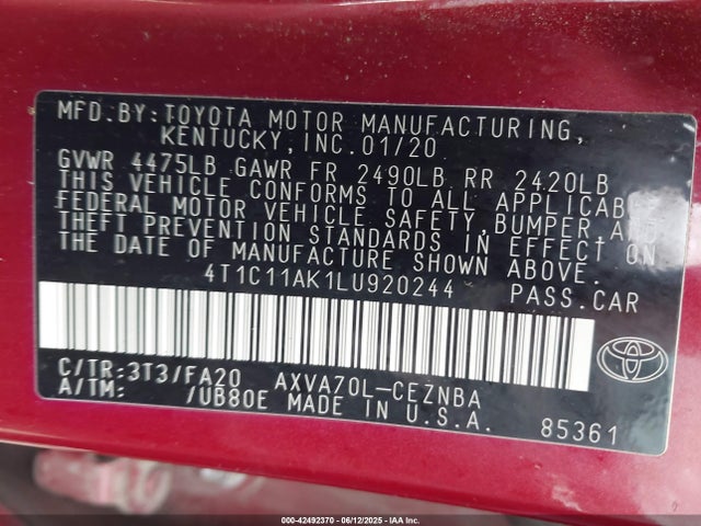 4T1C11AK1LU920244 Toyota a25a-fks