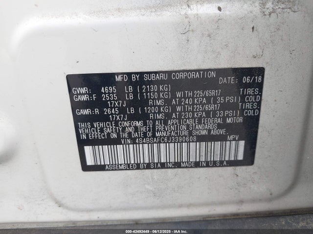 Продаж на аукціоні авто 2018 Subaru Outback 2.5i Premium, vin: 4S4BSAFC6J3390608, номер лоту: 42492449