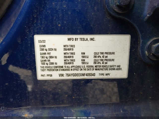 2022 TESLA MODEL Y 7SAYGDEEXNF409340 Photo 8