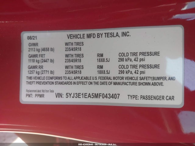 2021 TESLA MODEL 3 5YJ3E1EA5MF043407 Photo 8