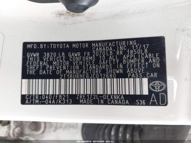 2T1BURHE6JC012680 Toyota 2zr-fe