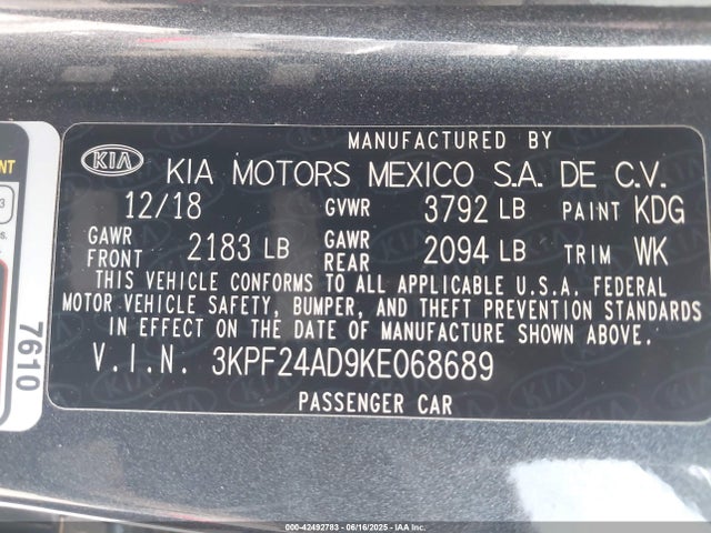 3KPF24AD9KE068689 KIA mpi nu