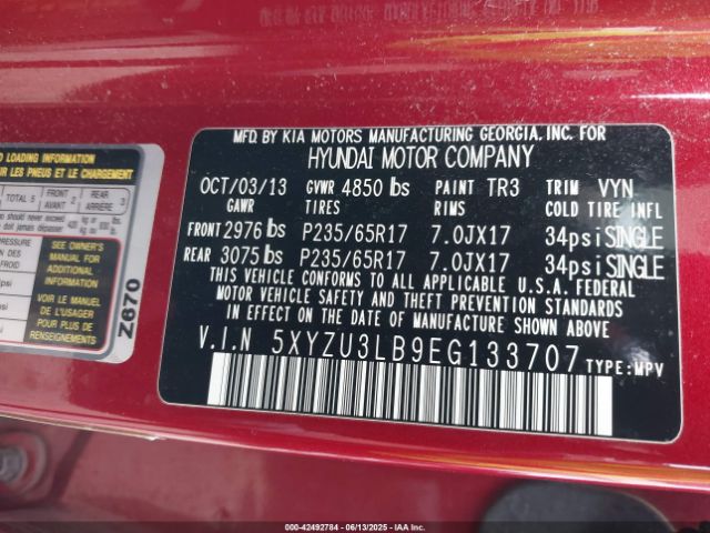 5XYZU3LB9EG133707 Hyundai gdi theta