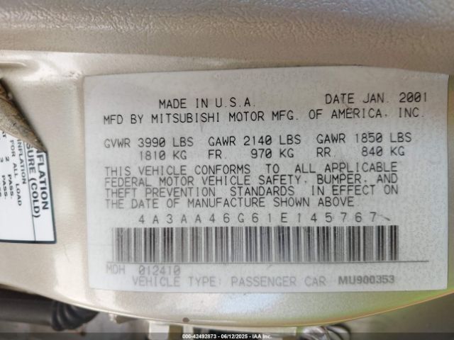 2001 MITSUBISHI GALANT 4A3AA46G61E145767 Photo 8