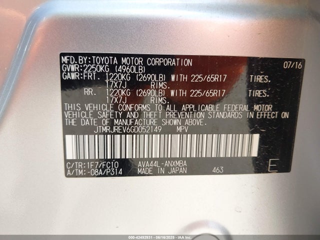 Toyota 2ar-fxe, 2jm+2fm 2016 JTMRJREV6GD052149 Image 9