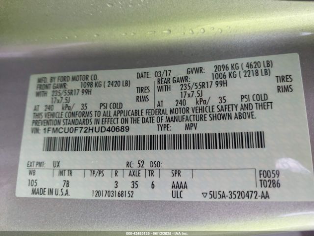 1FMCU0F72HUD40689 Ford ESCAPE S