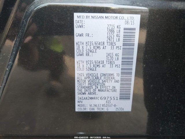 42493235 :رقم المزاد ، 5N1AR2MM4FC697551 vin ، 2015 Nissan Pathfinder Sv مزاد بيع
