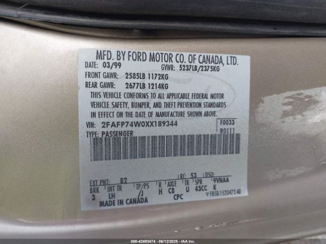 1999 FORD CROWN VICTORIA 2FAFP74W0XX189344 Photo 8