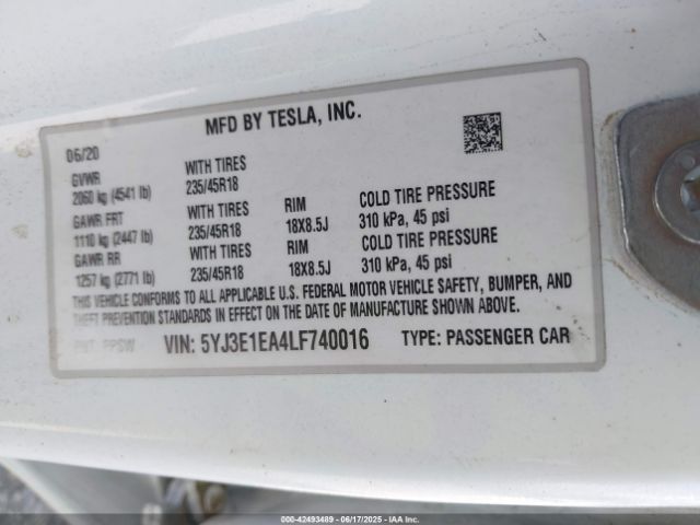 2020 TESLA MODEL 3 5YJ3E1EA4LF740016 Photo 8