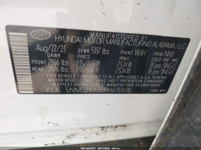 5NMS24AJ3PH615508 Hyundai Santa Fe Sel