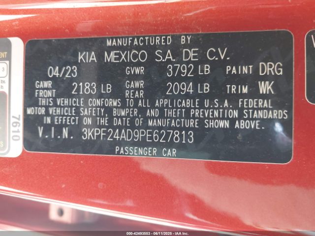3KPF24AD9PE627813 KIA Forte Lxs