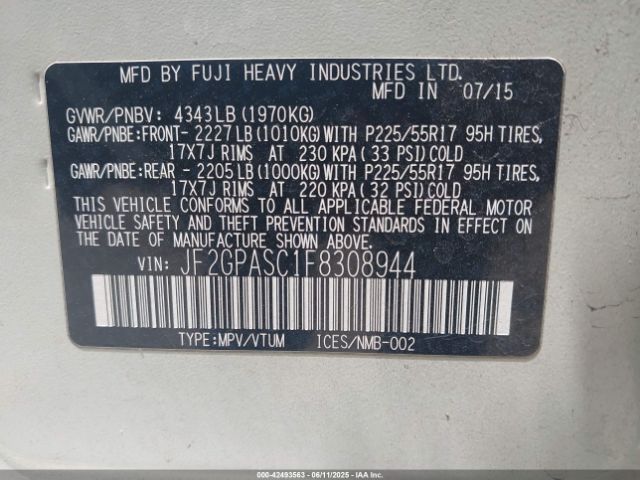 JF2GPASC1F8308944 Subaru 2.0l naturally aapirated