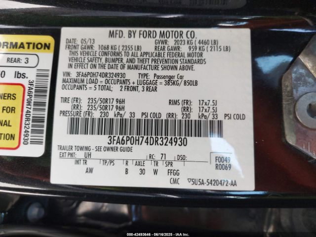 2013 FORD FUSION 3FA6P0H74DR324930 Photo 8