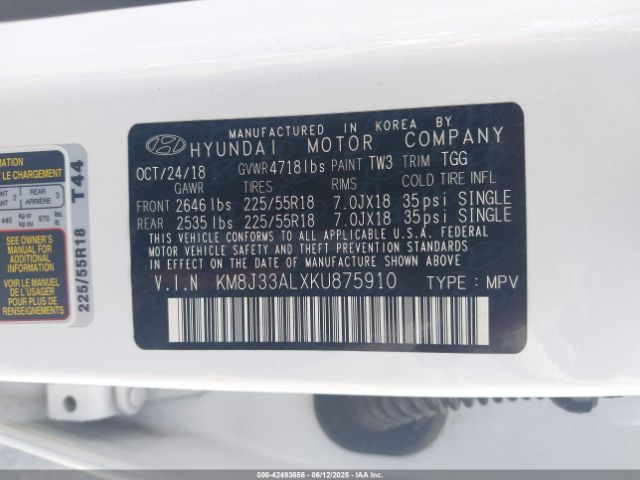 2019 HYUNDAI TUCSON KM8J33ALXKU875910 Photo 8