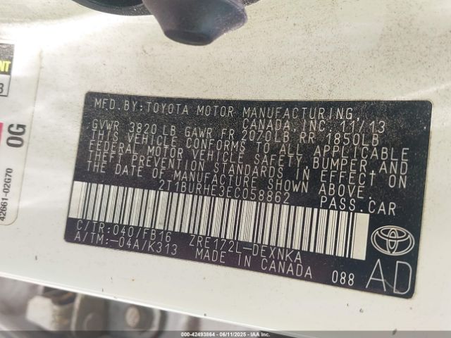 2T1BURHE3EC058862 Toyota COROLLA LE