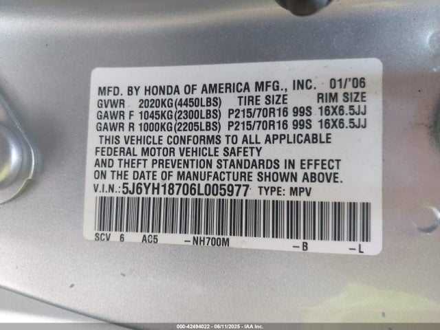 Auction sale of the 2006 Honda Element Ex-p, vin: 5J6YH18706L005977, lot number: 42494022