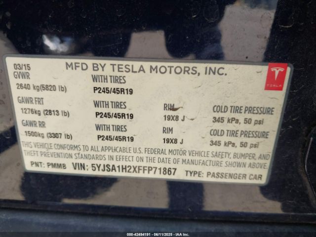 2015 TESLA MODEL S 5YJSA1H2XFFP71867 Photo 8
