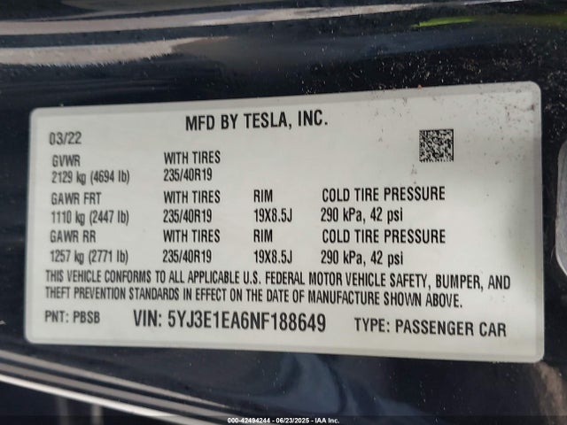 2022 TESLA MODEL 3 5YJ3E1EA6NF188649 Photo 8