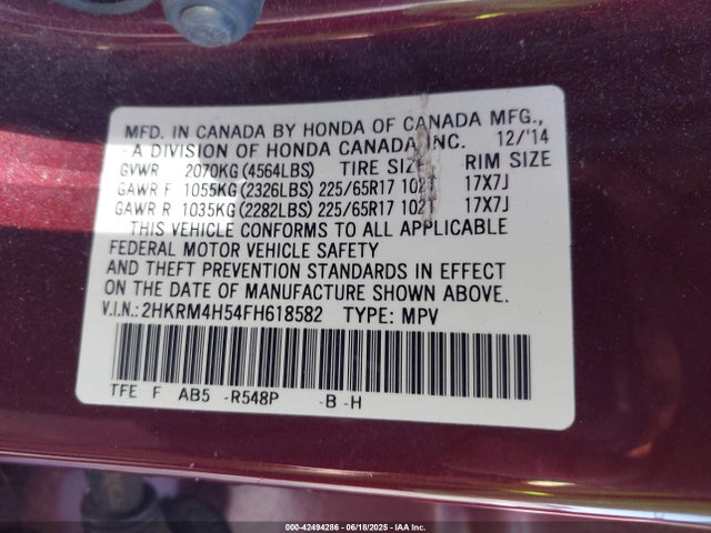 Honda k24w9 2015 2HKRM4H54FH618582 Image 9