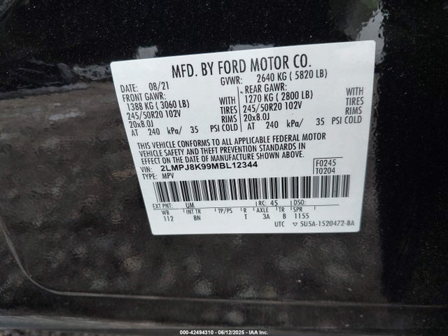 2LMPJ8K99MBL12344 Lincoln 2.0l gtdi