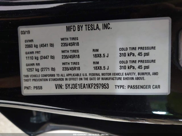 2019 TESLA MODEL 3 5YJ3E1EA1KF297953 Photo 8
