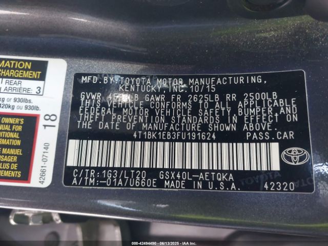 4T1BK1EB3FU191624 Toyota 2gr-fe