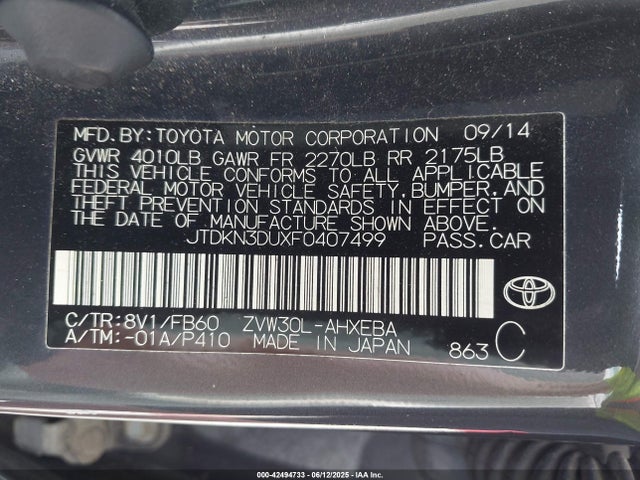 Toyota 2zr-fxe+3jm 2015 JTDKN3DUXF0407499 Image 9