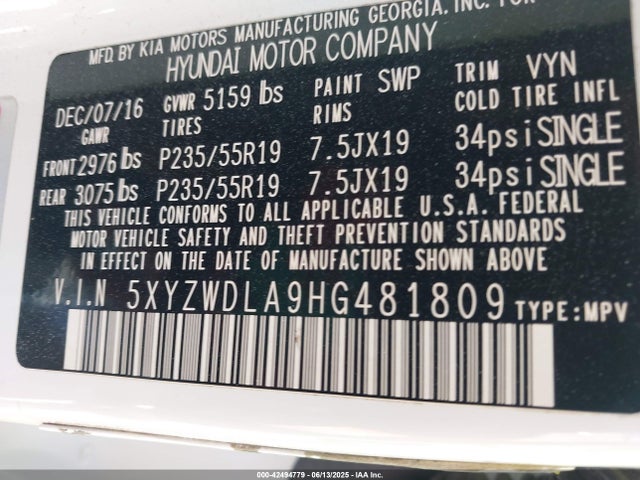 5XYZWDLA9HG481809 Hyundai t-gdi theta ii