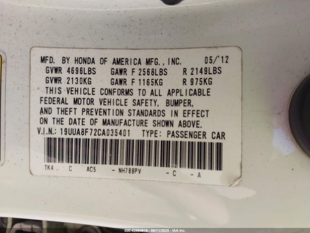 2012 ACURA TL 19UUA8F72CA035401 Photo 8