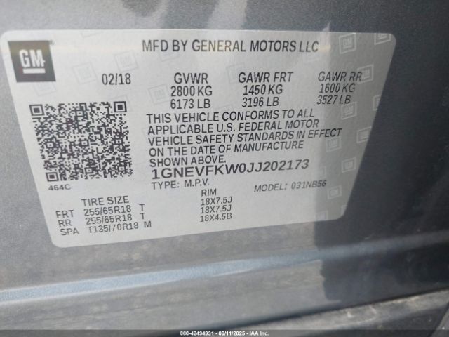1GNEVFKW0JJ202173 Chevrolet Traverse Ls