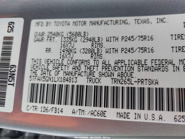 5TFAX5GN1LX184813 Toyota Tacoma Sr