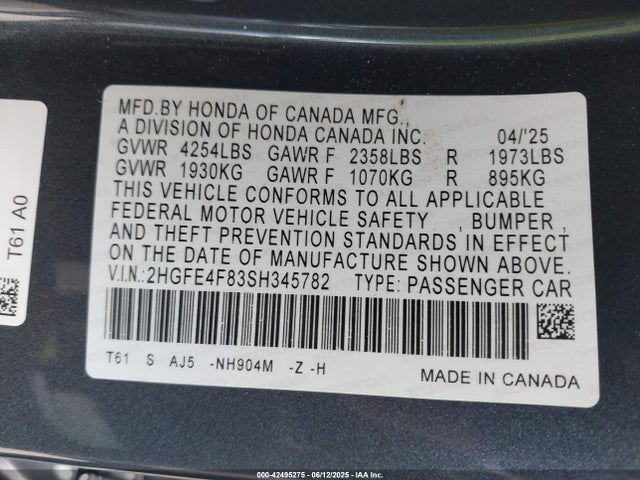 Honda lfc3 2025 2HGFE4F83SH345782 Image 9
