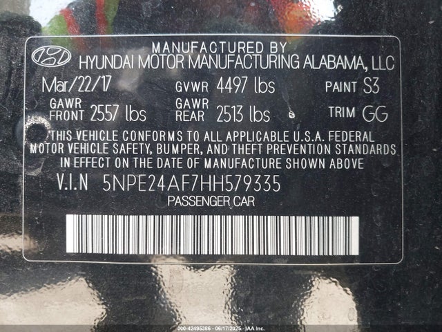 5NPE24AF7HH579335 Hyundai 2017