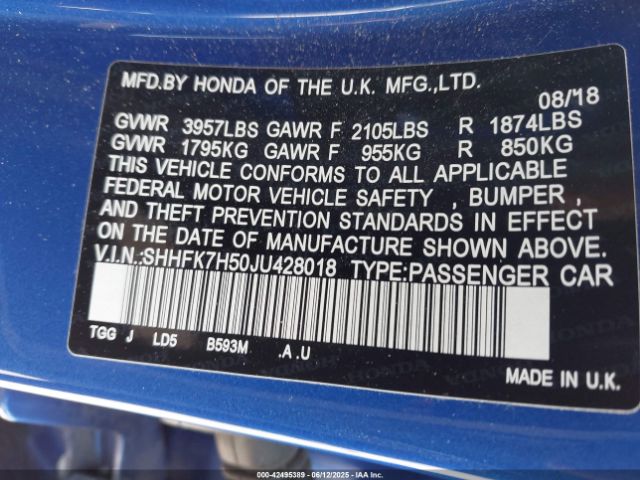 SHHFK7H50JU428018 Honda l15ba