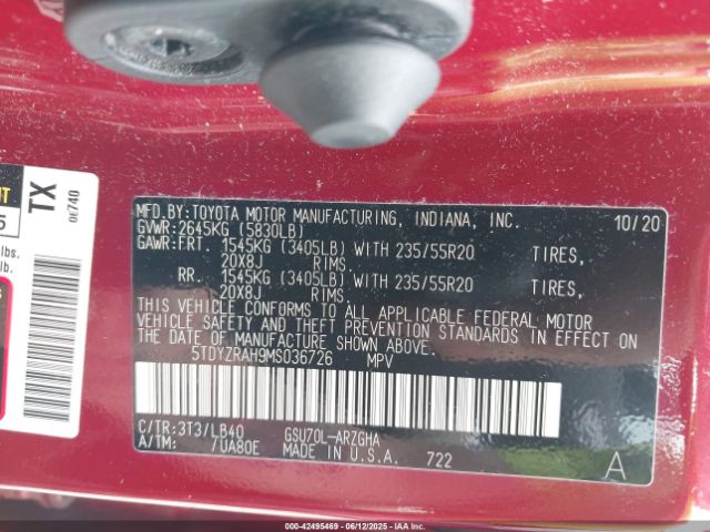 5TDYZRAH9MS036726 Toyota 2gr-fks
