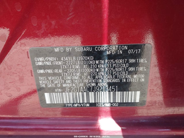 JF2GTAAC7J9213451 Subaru naturally aspirated
