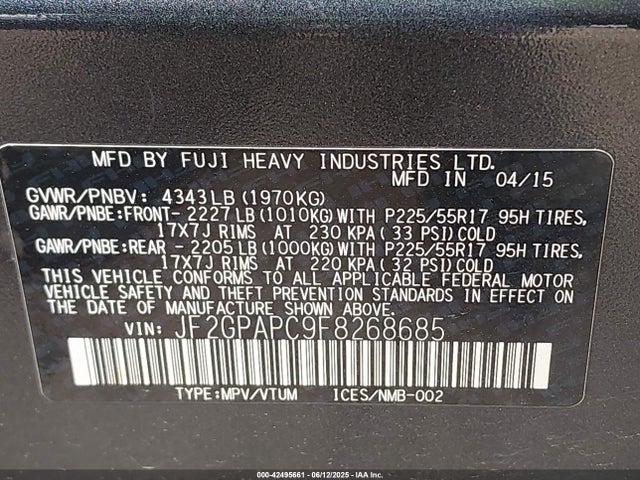 JF2GPAPC9F8268685 Subaru 2.0l naturally aapirated