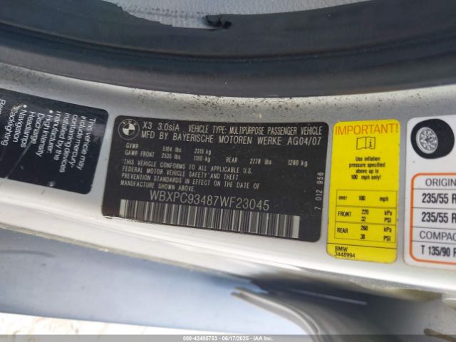 2007 BMW X3 WBXPC93487WF23045 Photo 8