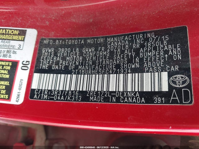Toyota 2zr-fe 2015 2T1BURHE5FC471934 Image 9