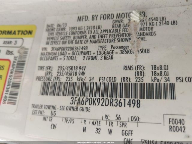 2013 FORD FUSION 3FA6P0K92DR361498 Photo 8