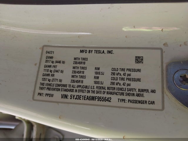 2021 TESLA MODEL 3 5YJ3E1EA6MF955642 Photo 8