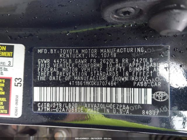 2019 TOYOTA CAMRY 4T1B61HK0KU707464 Photo 8