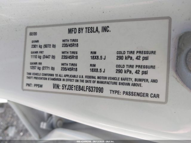 5YJ3E1EB4LF637090 Tesla MODEL 3