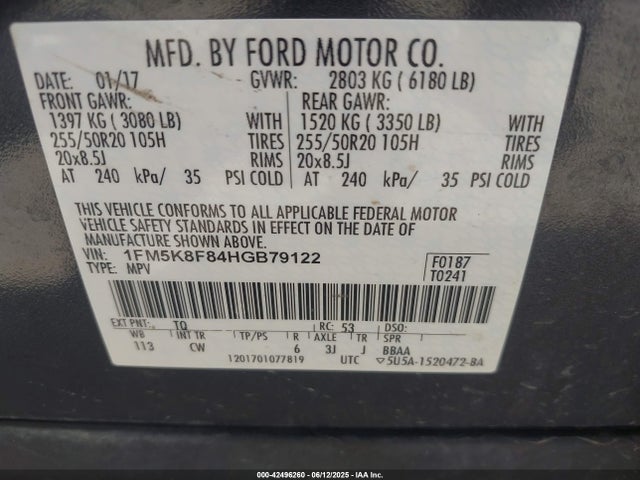 1FM5K8F84HGB79122 Ford 3.5l ti-vct